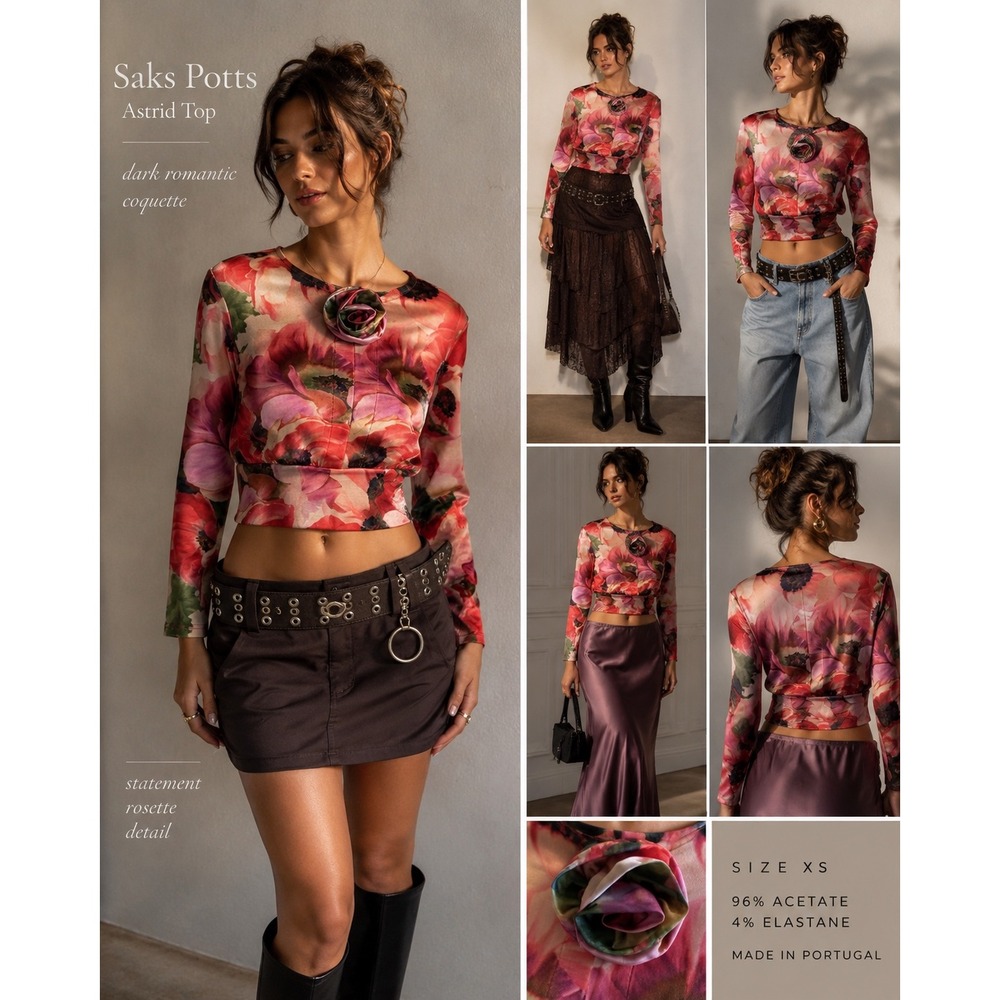 Saks Potts Astrid Floral Rosette Top XS Dark Romantic Coquette